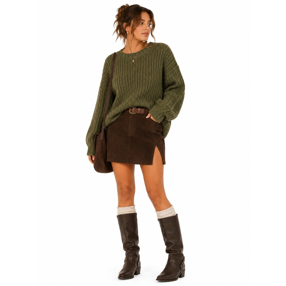 American Eagle Sweater Olive Green Chunky Knit Crewneck Gorpcore Pullover Medium